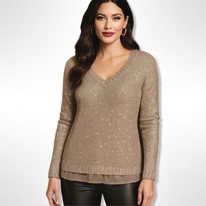 Apt 9 Bronze Metallic Sequin V-neck sweater with chiffon hem size large textured